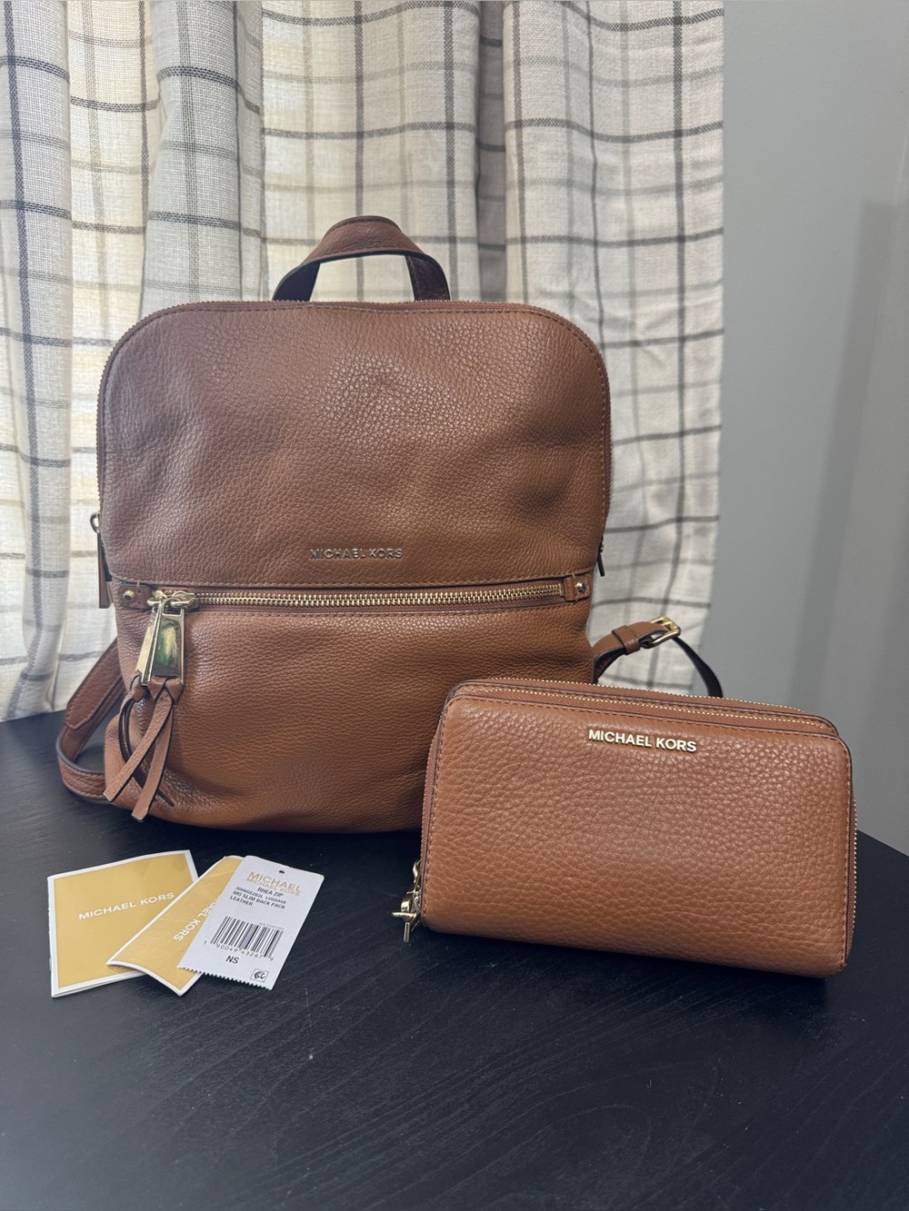 Michael Kors Rhea Pebbled Leather Slim Backpack And Wallet Luggage Tan